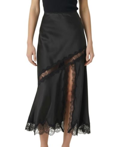 Modenaire Women's Lace-Trim Asymmetric Satin Midi Skirt