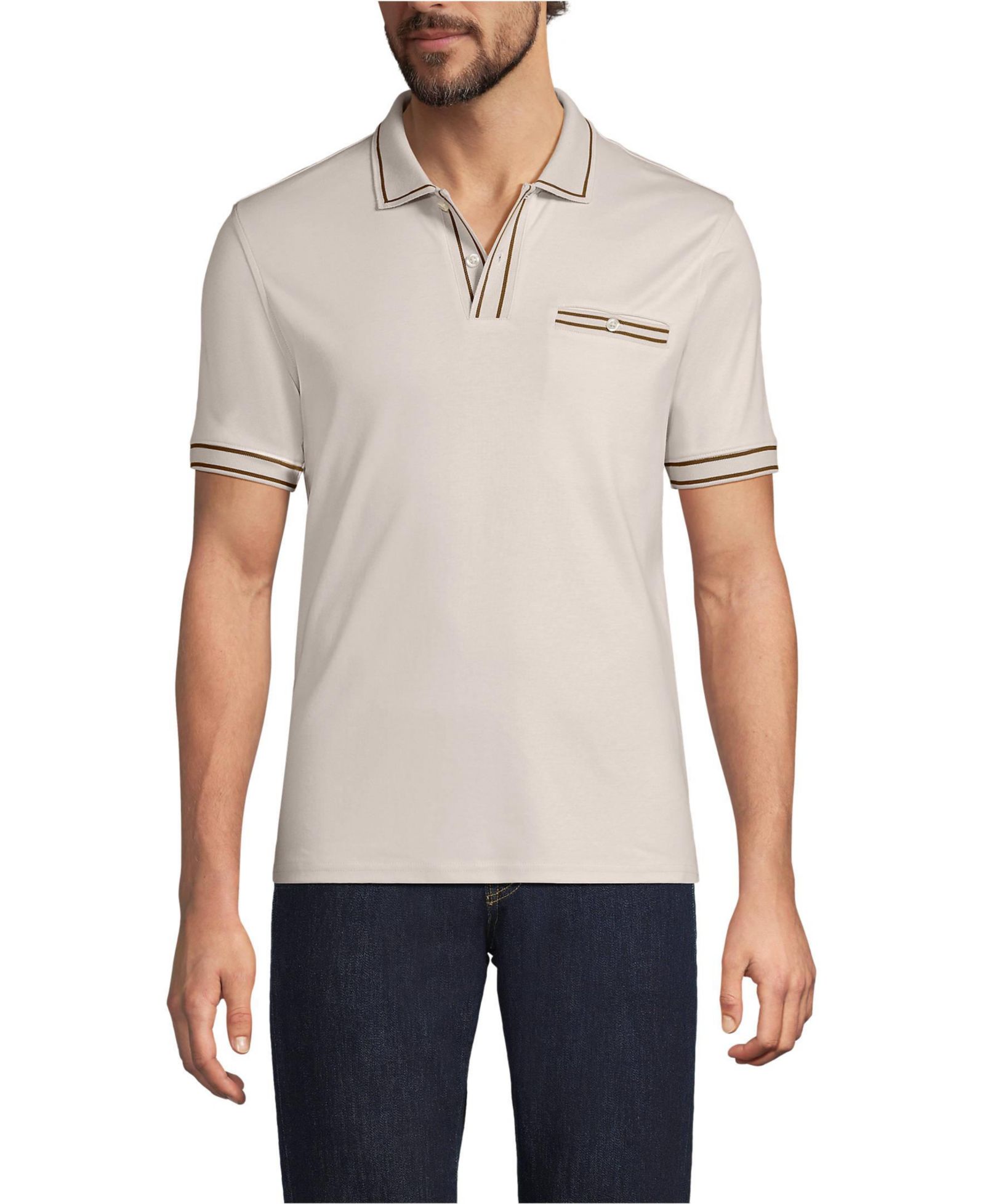 Lands' End Men's Short Sleeve Tipped Welt Pocket Performance Supima Polo