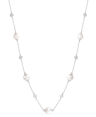 EFFY Collection Freshwater Cultured Pearl (8mm, 9mm & 10mm) & Lab Grown Diamond (1/2 ct. t.w.) Necklace in Sterling Silver