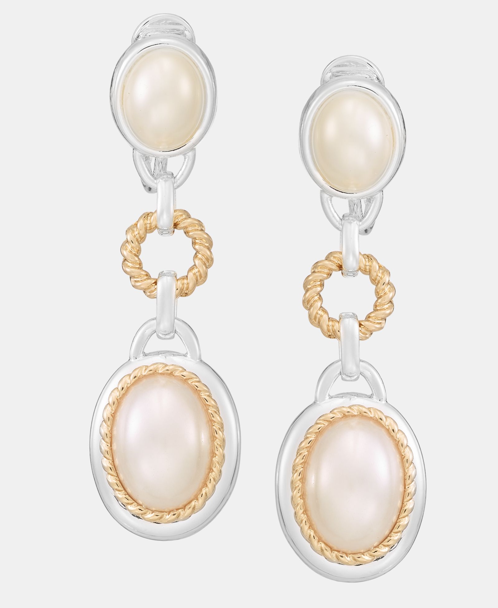 Anne Klein Two-Tone Roping Metal Imitation Pearl Linear EZ Comfort Clip Earrings