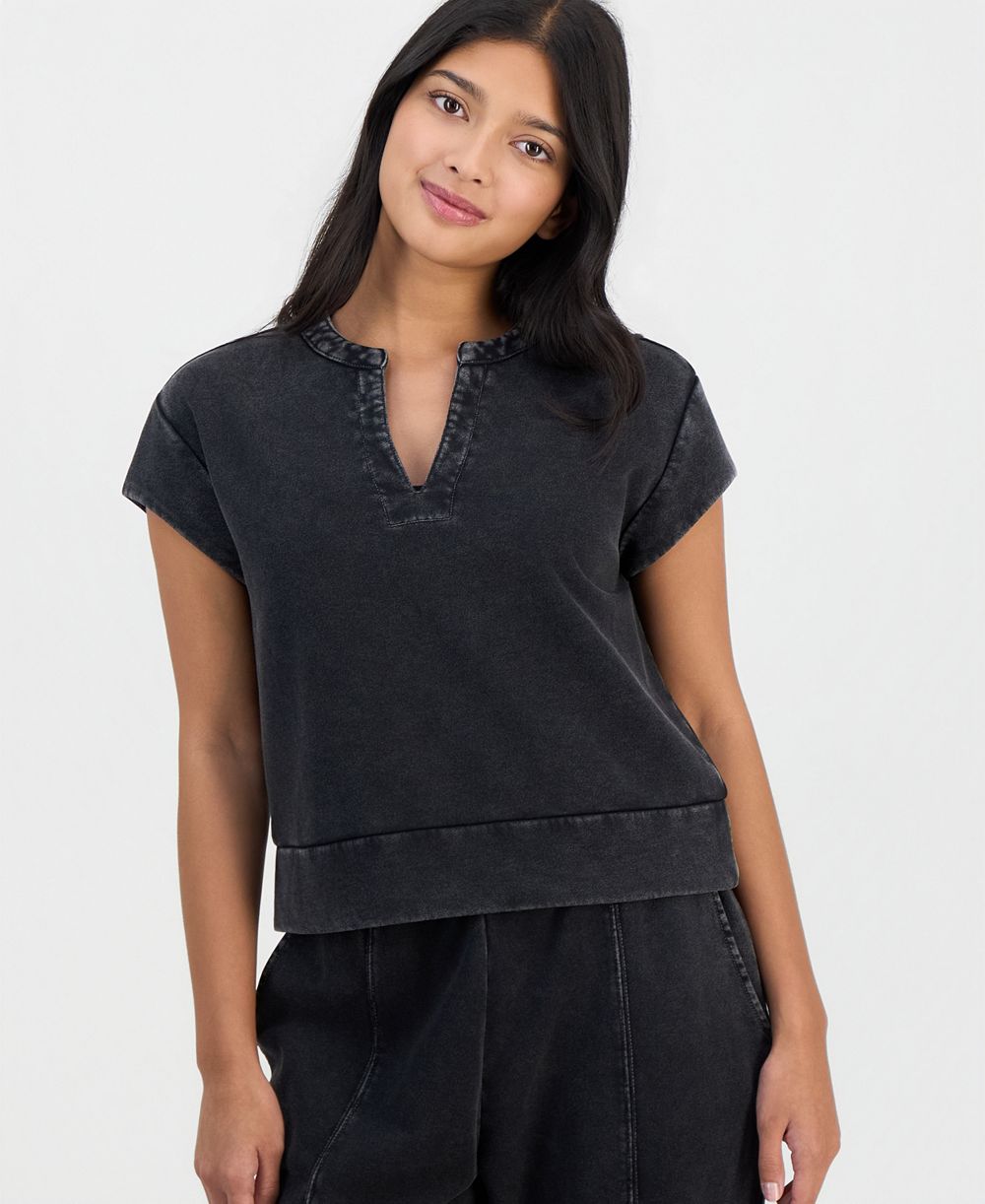 And Now This Petite French Terry Split-Neck Cap-Sleeve Top, Macy's Exclusive