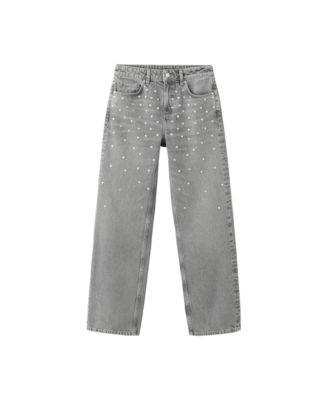 MANGO Women's Mid-Rise Wide-Leg Studded Jeans