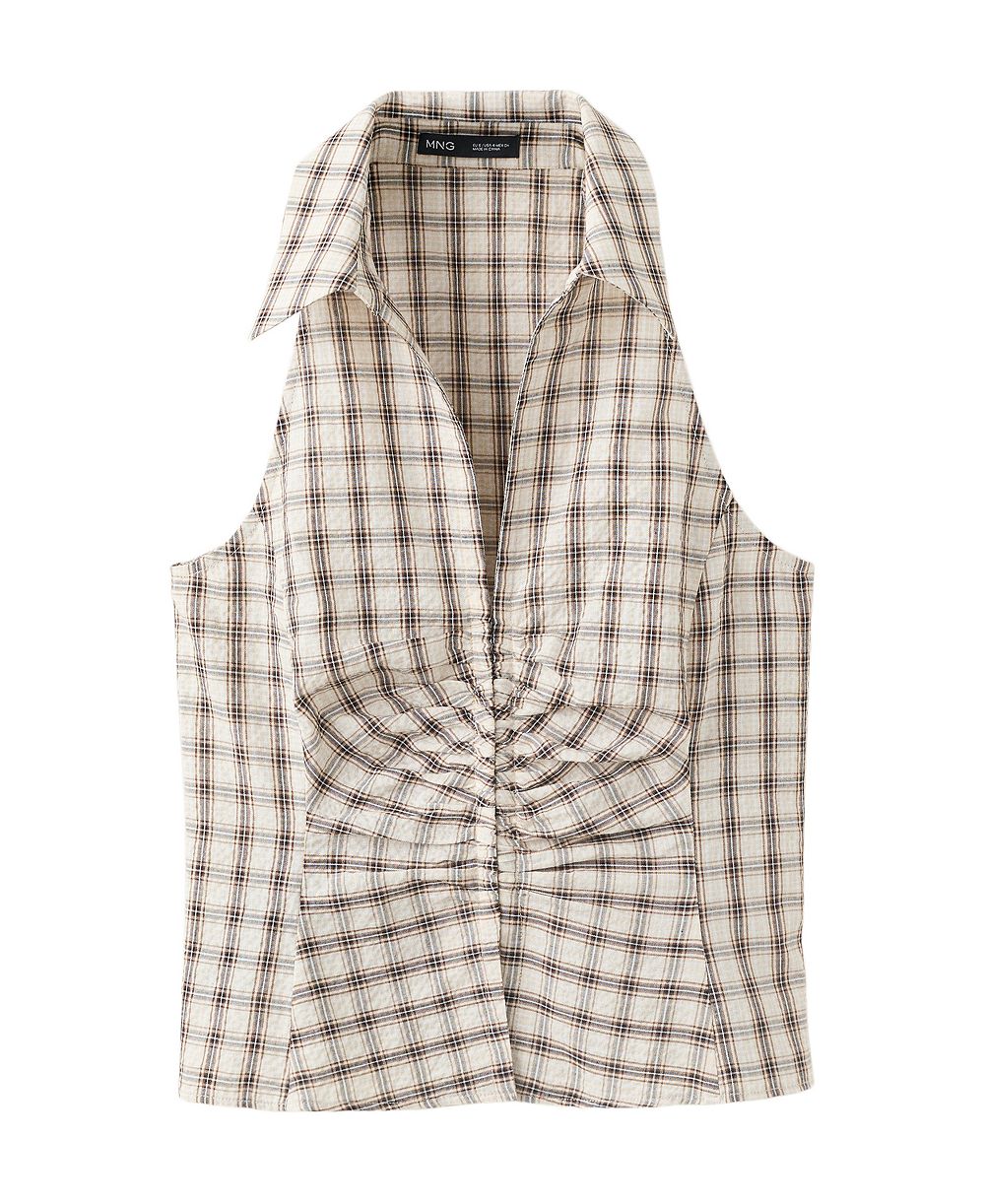 MANGO Women's Plaid Ruched V-Neck Blouse
