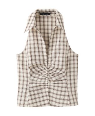 MANGO Women's Plaid Ruched V-Neck Blouse