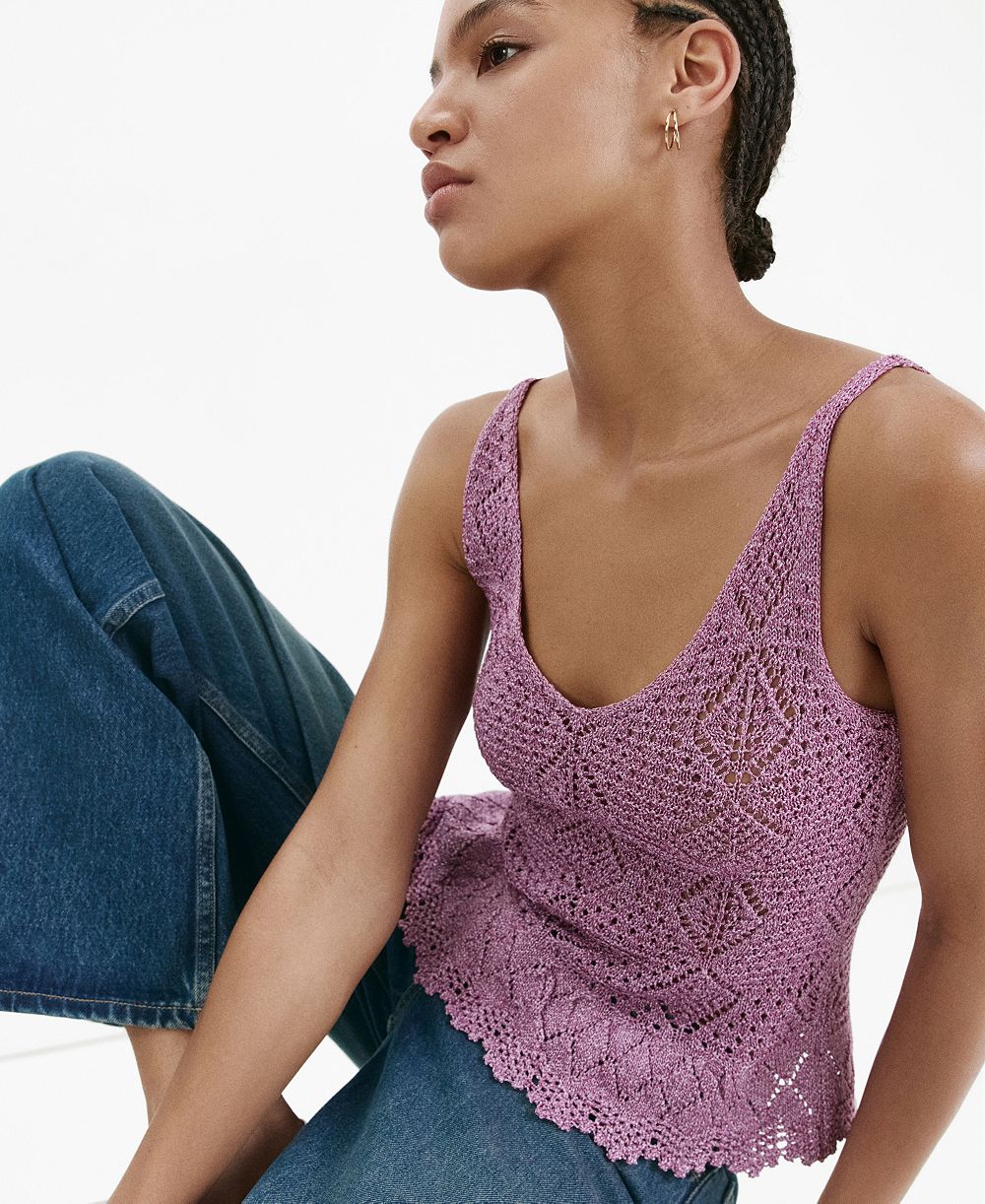 Mango Women's Scalloped Ruffle Crocheted Lurex Top