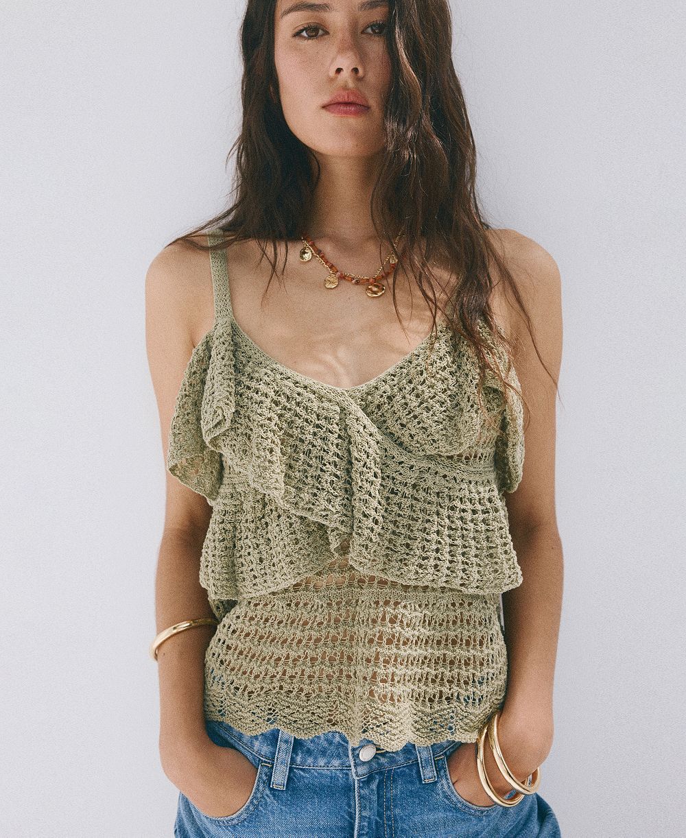 Mango Women's Ruffled Crocheted Top