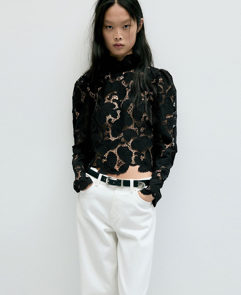 MANGO Women's Band Collar Guipure Long-Puffed-Sleeve Blouse