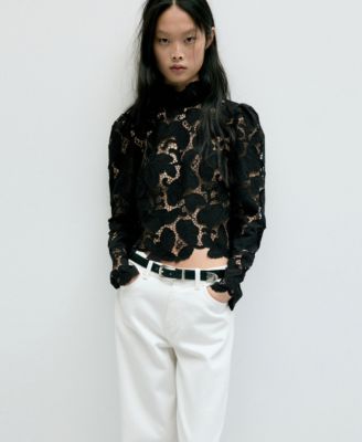 MANGO Women's Band Collar Guipure Long-Puffed-Sleeve Blouse