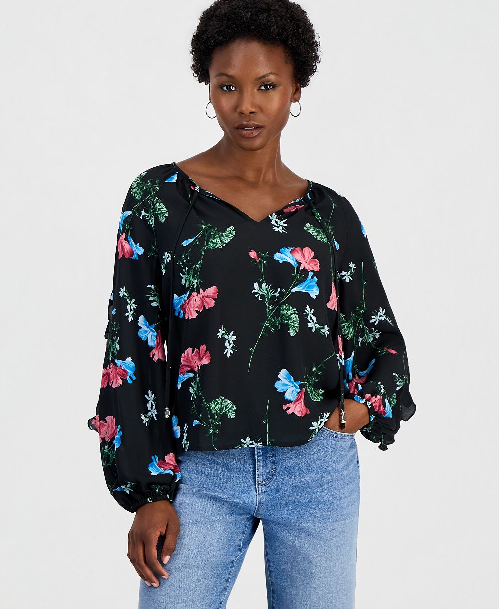 Женская блузка I.N.C. International Concepts Petite Ruffle Floral-Print Long-Sleeve