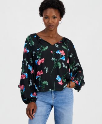 Женская блузка I.N.C. International Concepts Petite Ruffle Floral-Print Long-Sleeve