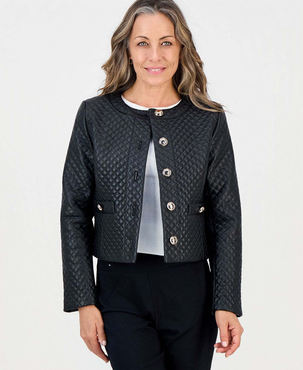 JM Collection Petite Quilted Faux-Leather Button-Front Jacket, Macy's Exclusive