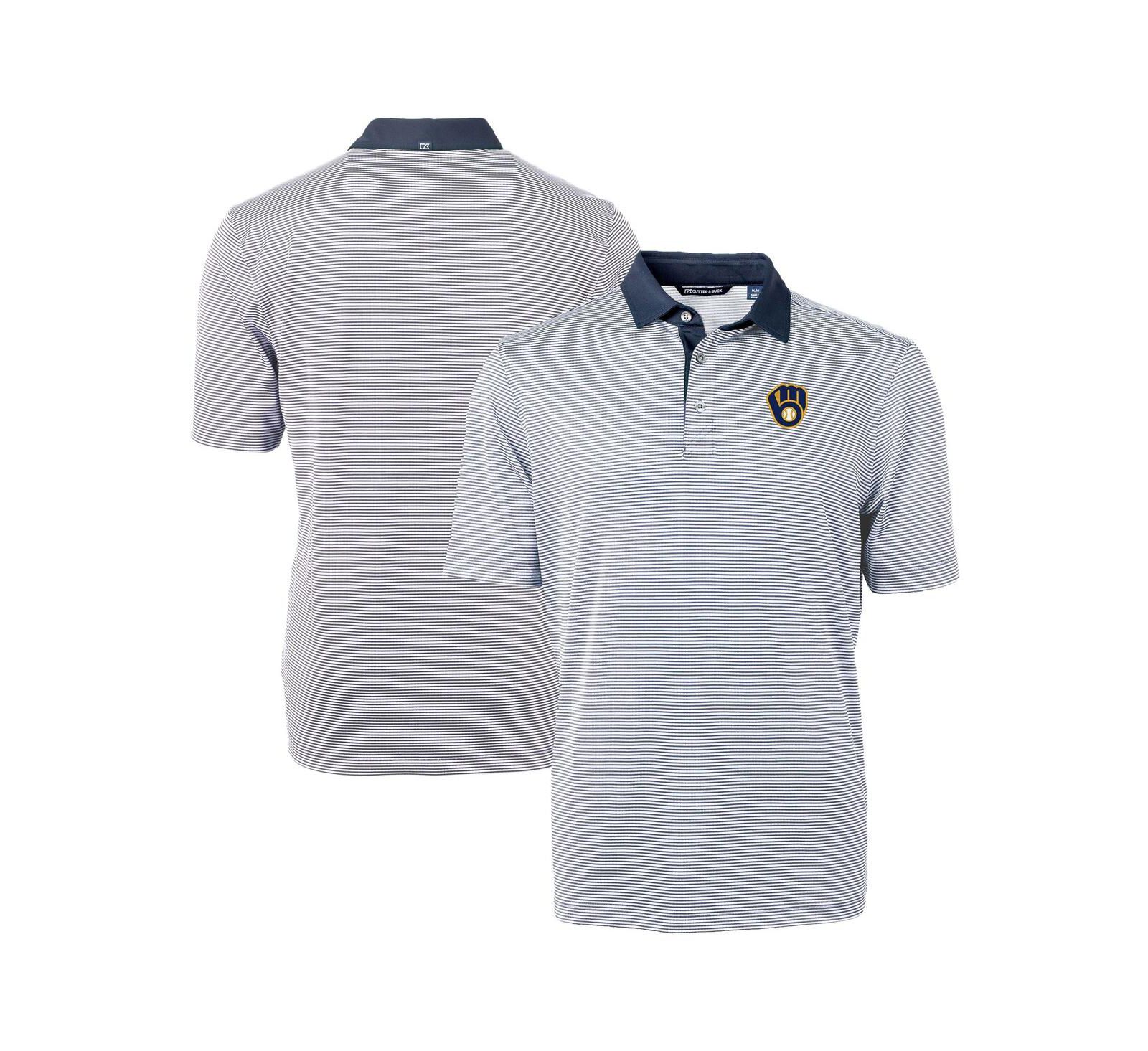 Cutter & Buck Men's Navy/White Milwaukee Brewers Virtue Eco Pique Micro Stripe Polo Shirt