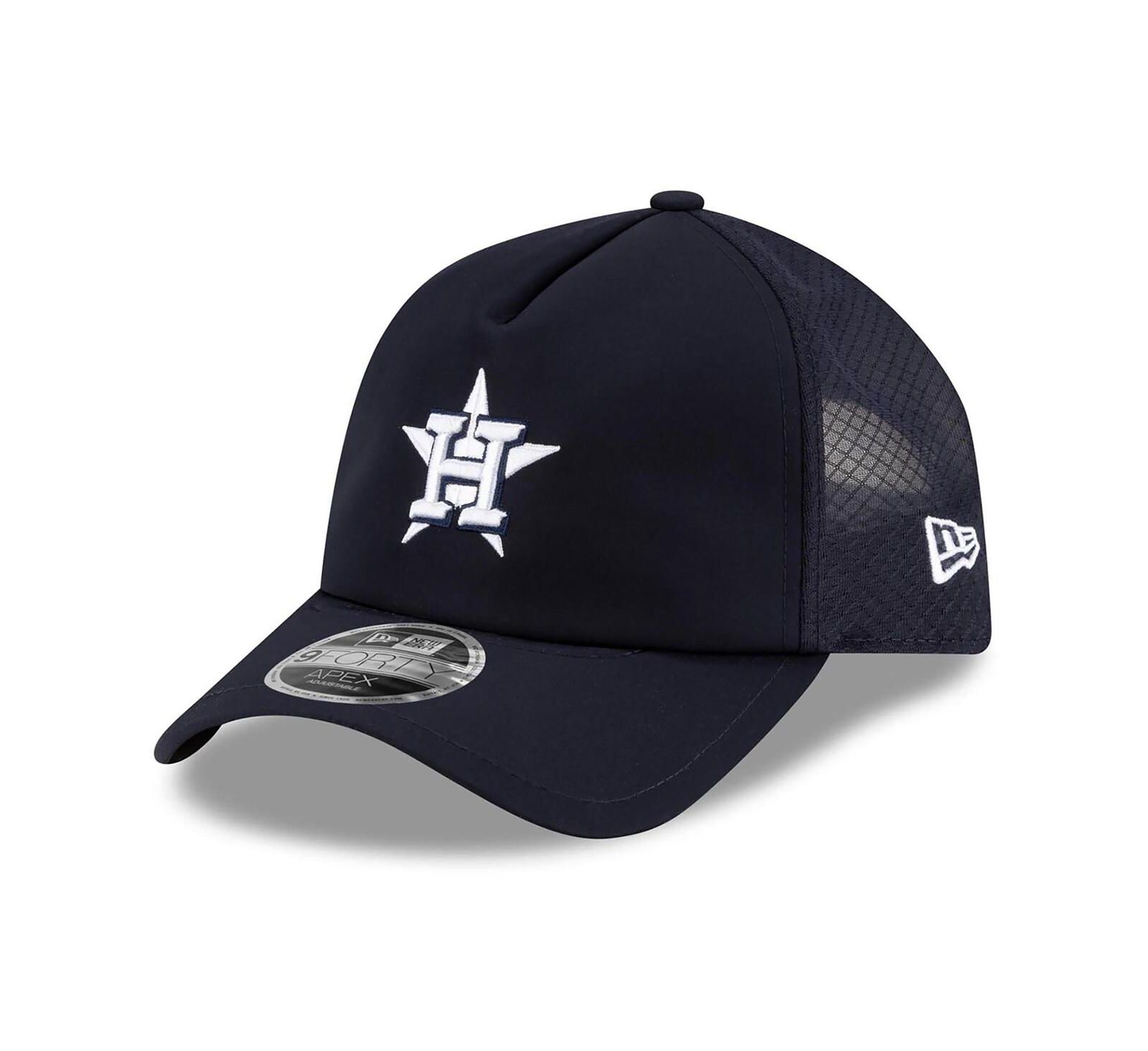 Мужская кепка New Era Navy Houston Astros 2026 Batting Practice Apex 9FORTY Adjustable Trucker Hat