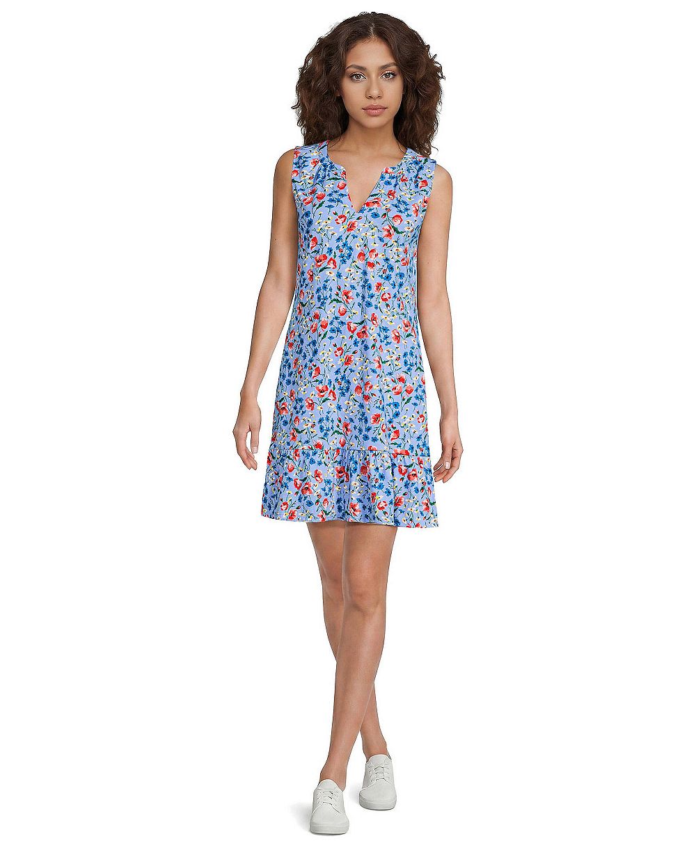 Lands' End Women's Sleeveless Cotton Jersey Notch Neck Flounce Dress