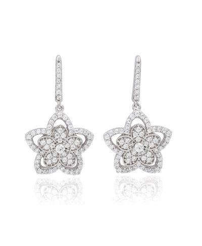 SUZY LEVIAN NEW YORK Sterling Silver Pave Cubic Zirconia Flower Halo Drop Dangle Earrings