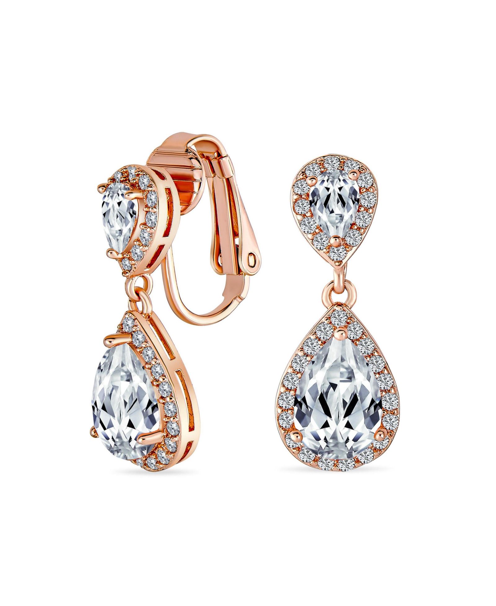 Bling Jewelry Cocktail Cubic Zirconia CZ Double Solitaire Teardrop Dangle Earrings Rose Gold Plated