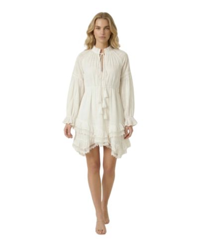 Modenaire Women's Boho Tassel-Tie Lace Trim Mini Dress