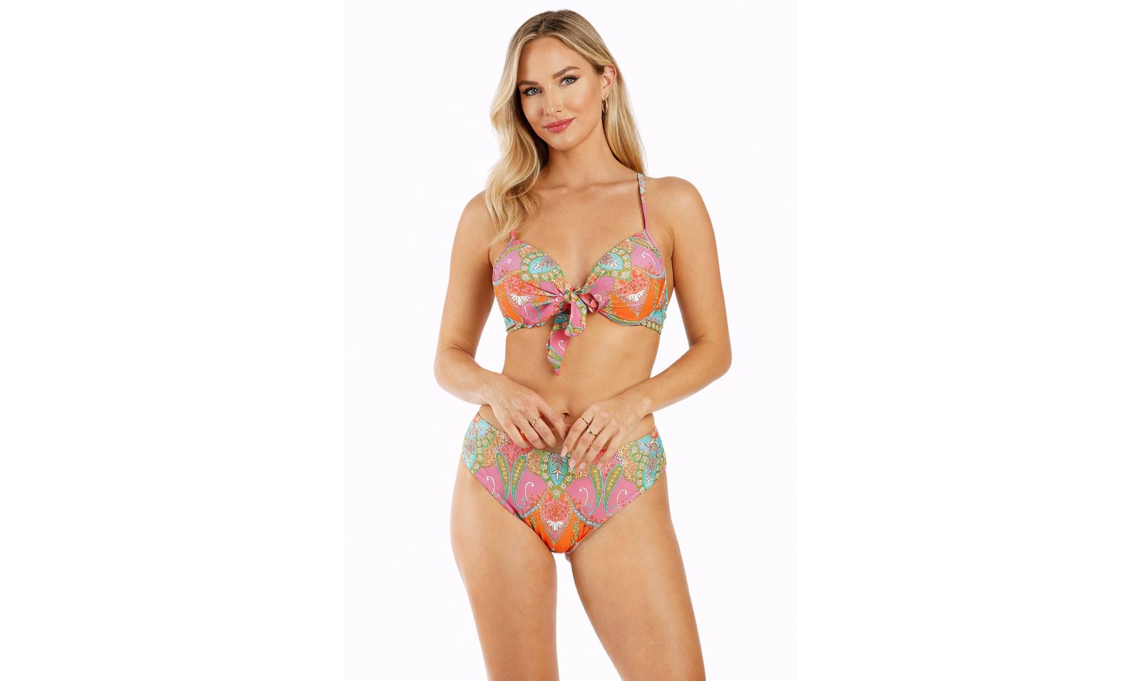 La Moda Clothing Women's Tropical Paisley Bikini Set - Underwire Tie-Front Top and Mid-Rise Bottom Luxury Resort Swimwear