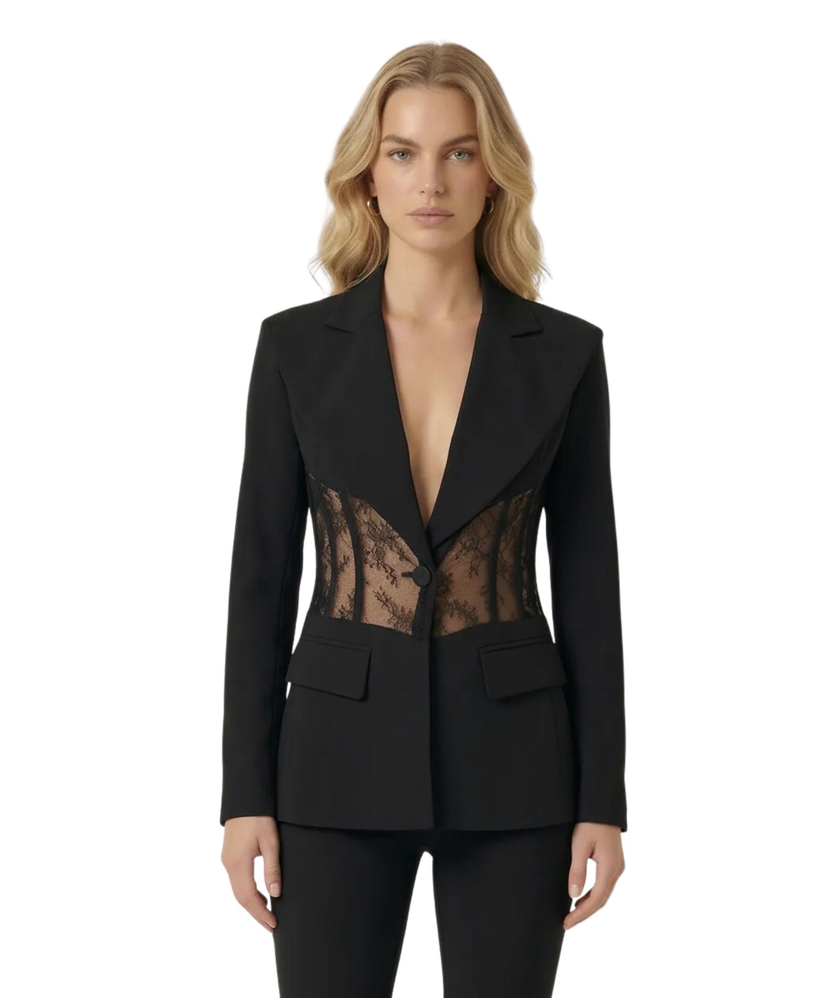 Женский приталенный блейзер Modenaire Lace Panel Deep V-Neck