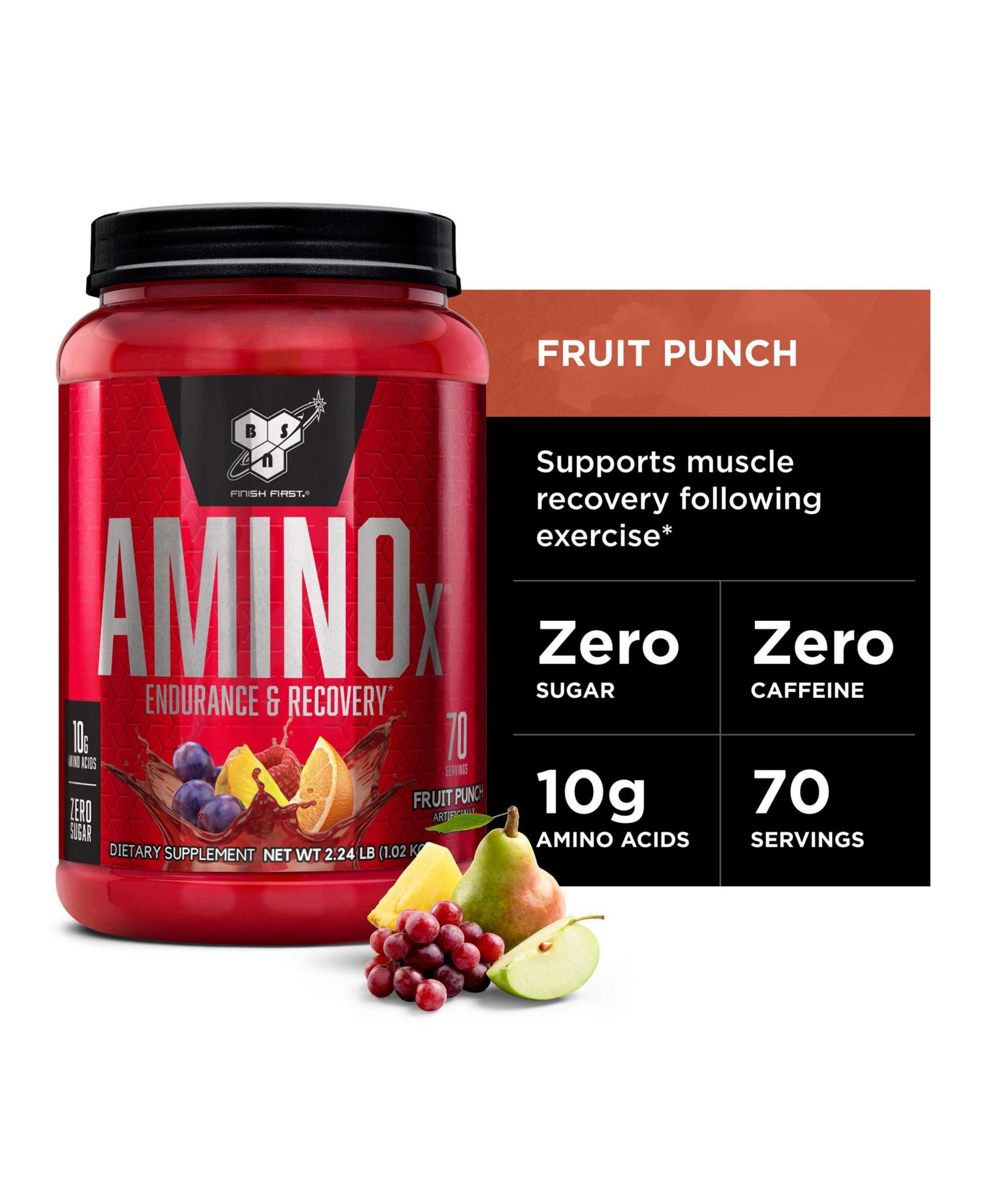 BSN Amino X порошок для восстановления мышц и выносливости с BCAAs, 10 Grams Amino Acids, Keto Friendly, Caffeine Free, Fruit Punch, 70 servings