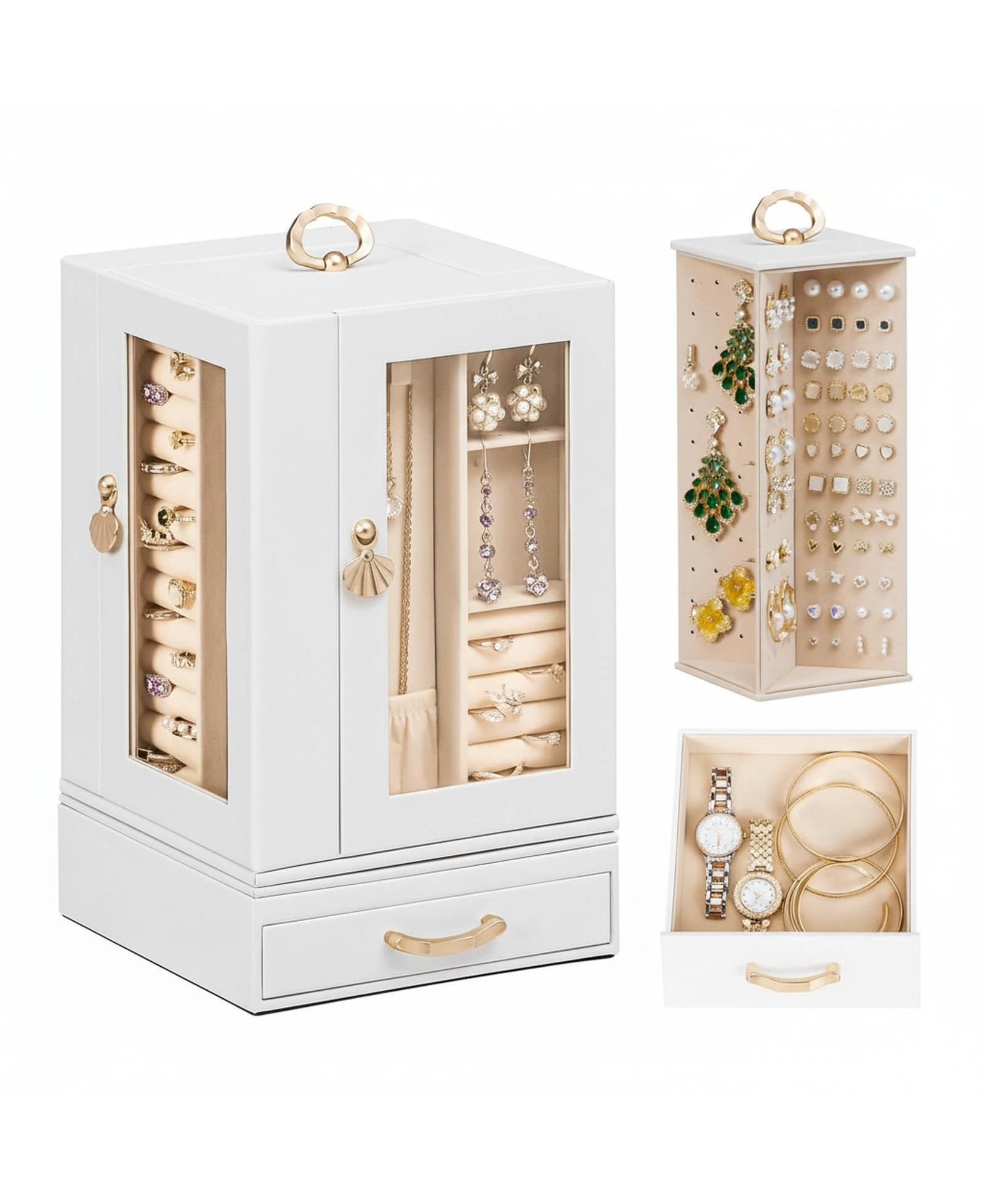 YIGII Large Jewelry Organizer Box with Drawer Compartments Hooks Slots 360 Rotating PU Leather Lining Transparent Window