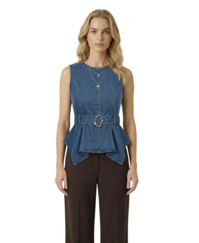 Modenaire Women's Belted Denim Peplum Top With Sculpted Hem