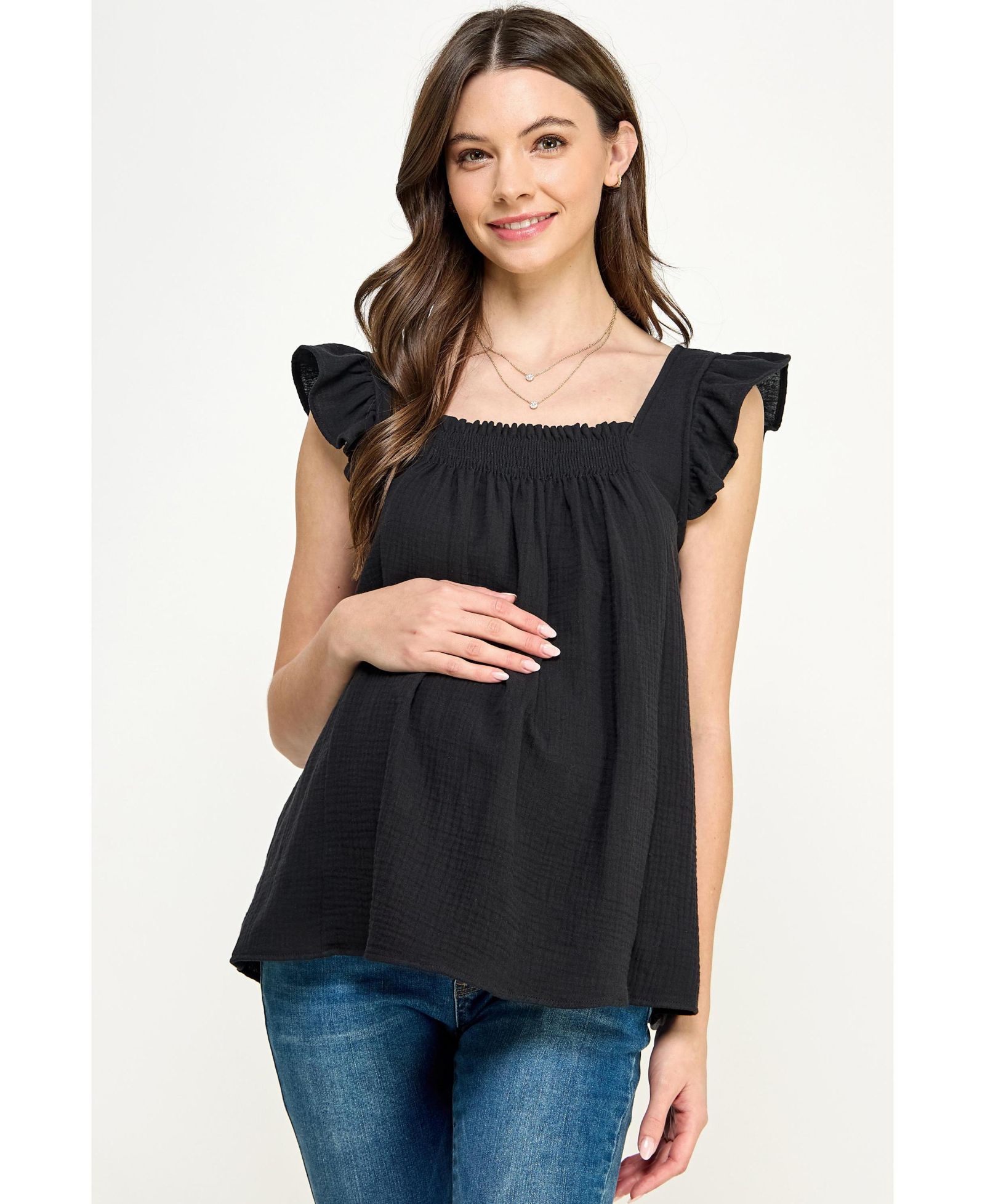 Hello Miz Women's Maternity Cotton Smocked Flutter Sleeve Blouse