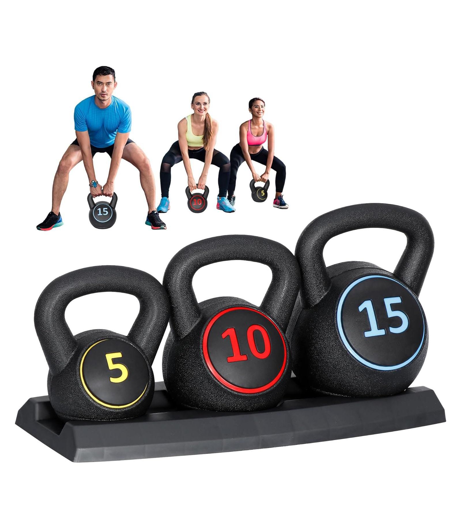 3-Pc Kettlebell Set with Rack, Heavy-Duty Concrete, 5/10/15 lb, Weightlifting