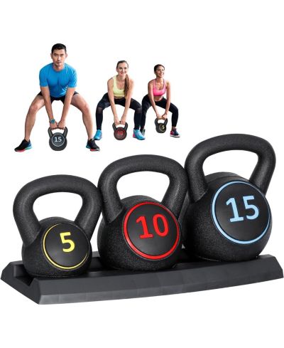 3-Pc Kettlebell Set with Rack, Heavy-Duty Concrete, 5/10/15 lb, Weightlifting