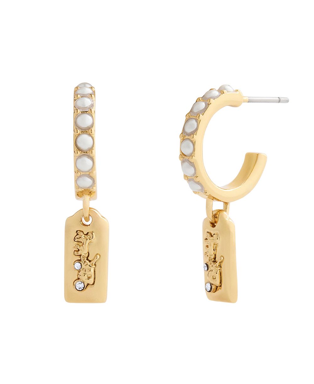 Серьги-кольца COACH Iconic Imitation Pearl Horse Carriage Charm Huggie