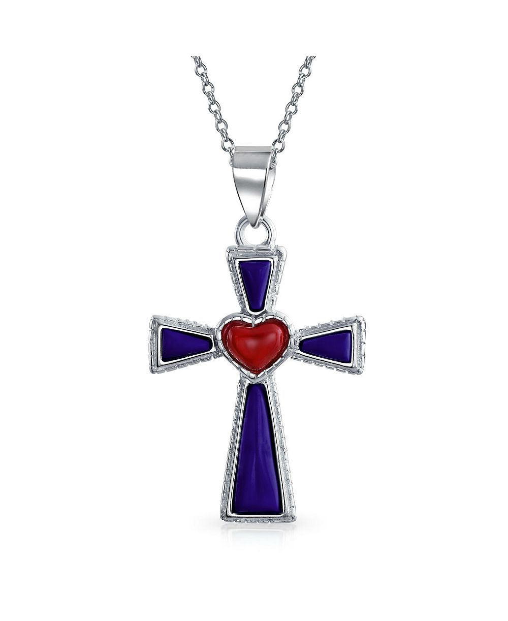 Подвеска Bling Jewelry с бирюзой, лазуритом и религиозным крестом в форме сердца