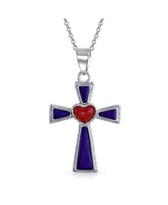 Подвеска Bling Jewelry с бирюзой, лазуритом и религиозным крестом в форме сердца