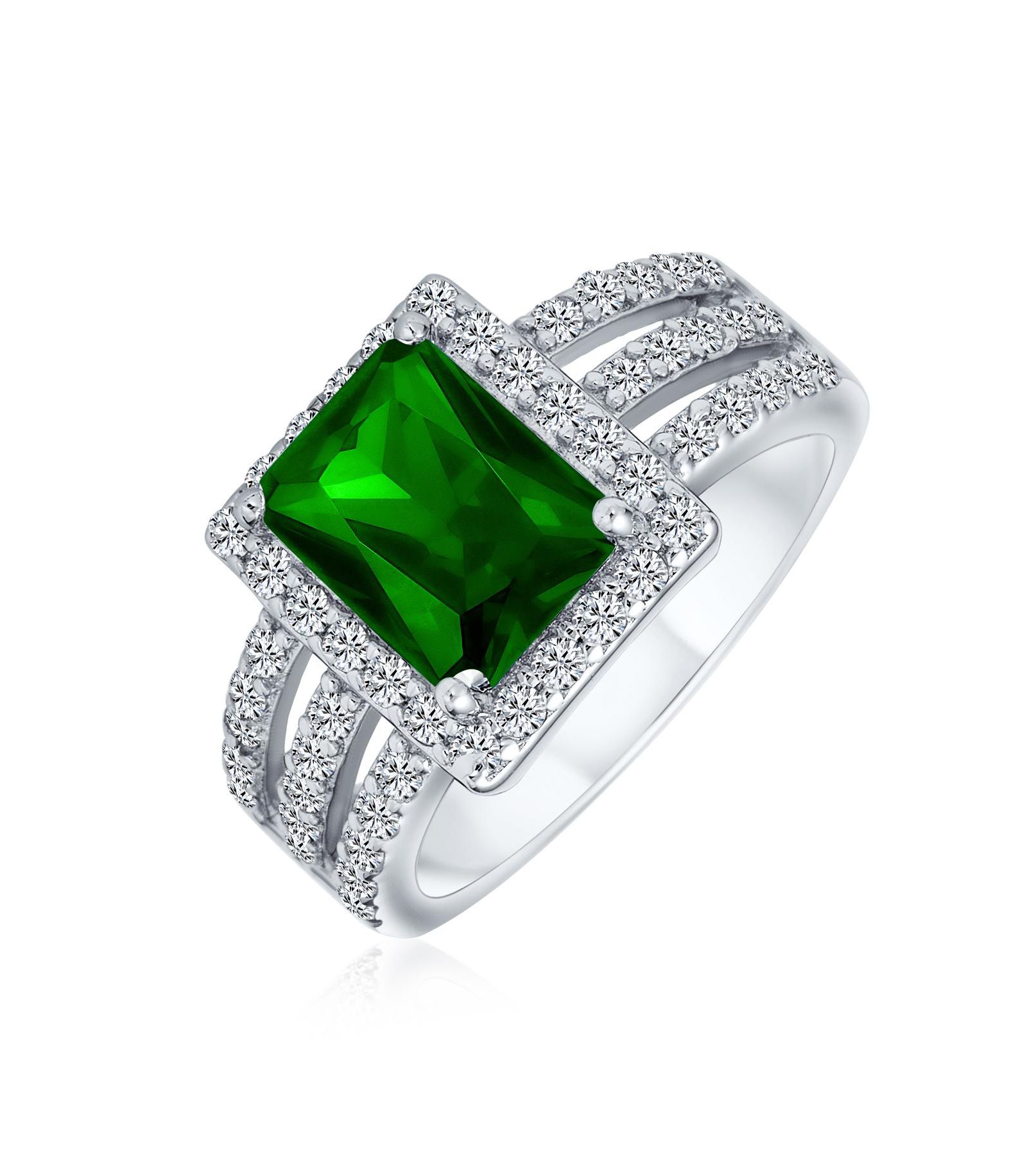 Помолвочное кольцо Bling Jewelry Art Deco Style 3CT CZ Emerald Cut Halo Wide Band.925 Sterling Silver