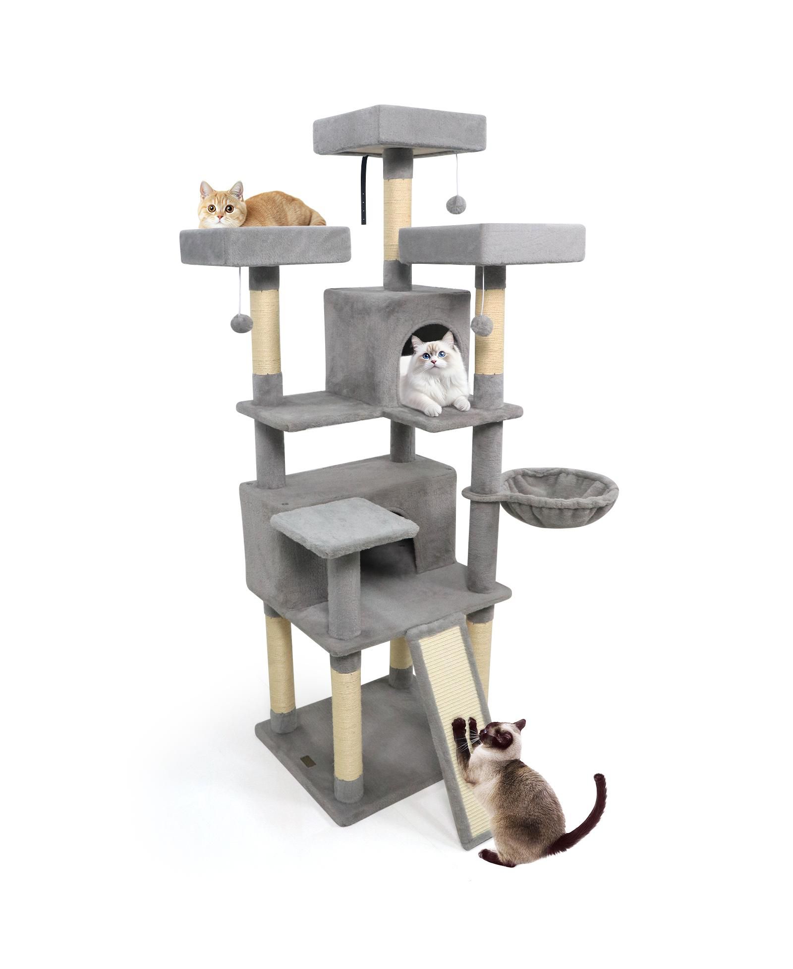 COZITO Cat Tree 65 in with 3 Upholstered Perches and 2 Condos