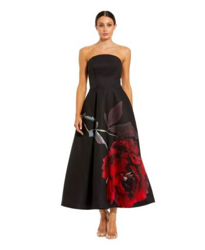 Миди-платье Mac Duggal Women's Strapless Crepe Floral Print A-Line с карманами