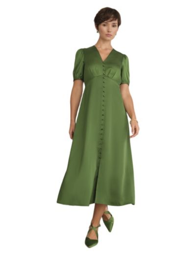 Hobbs London Women's Button Front Puff Sleeve Midi Dress