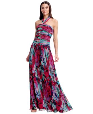 Dress the Population Women's Printed Halter Neck Ruched Drop Waist Gown