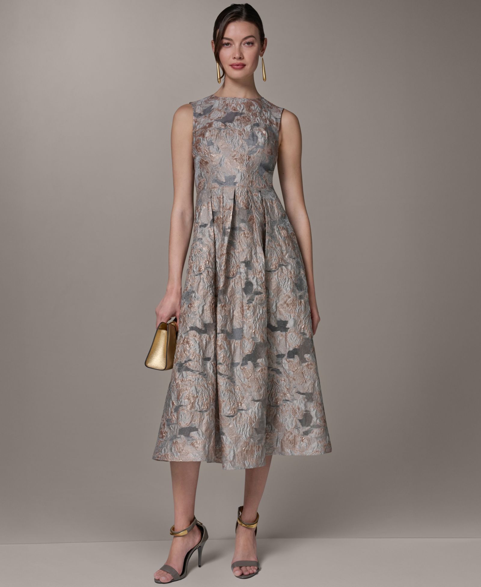 Donna Karan New York Women's Jacquard Crew Neck Midi Fit & Flare Dress