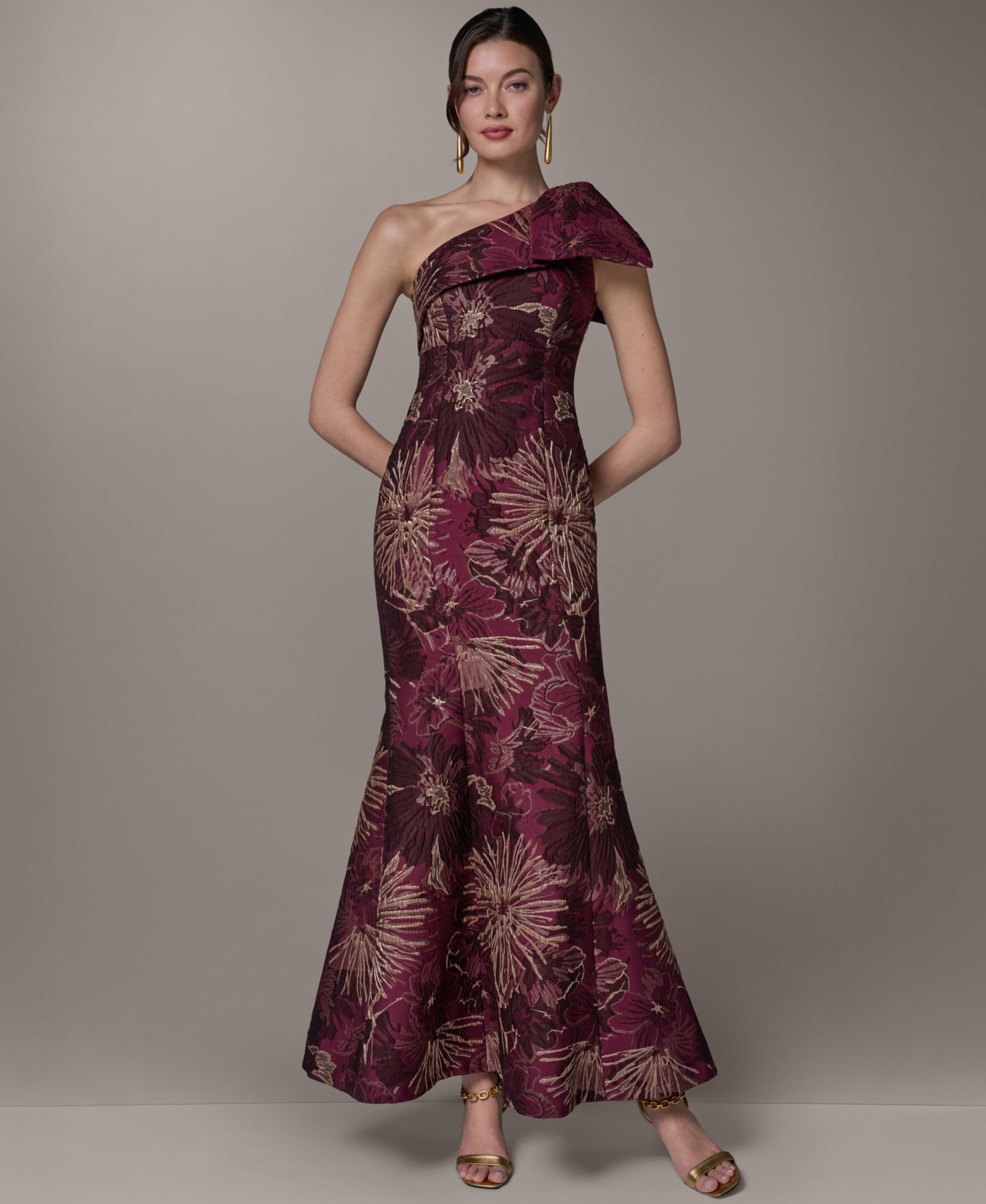 Donna Karan New York Women's Jacquard One-Shoulder Long Fit & Flare Dress