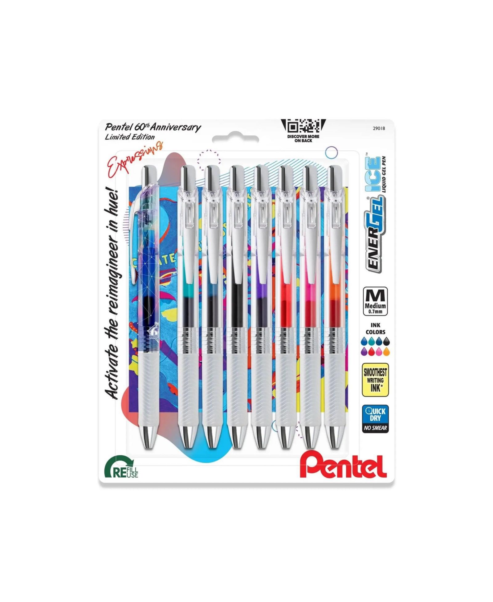 Pentel EnerGel Expressions, набор Limited Edition к 60-летию, гелевые ручки ICE, (0.7mm) средняя линия, ассорти цветов, 8 шт.