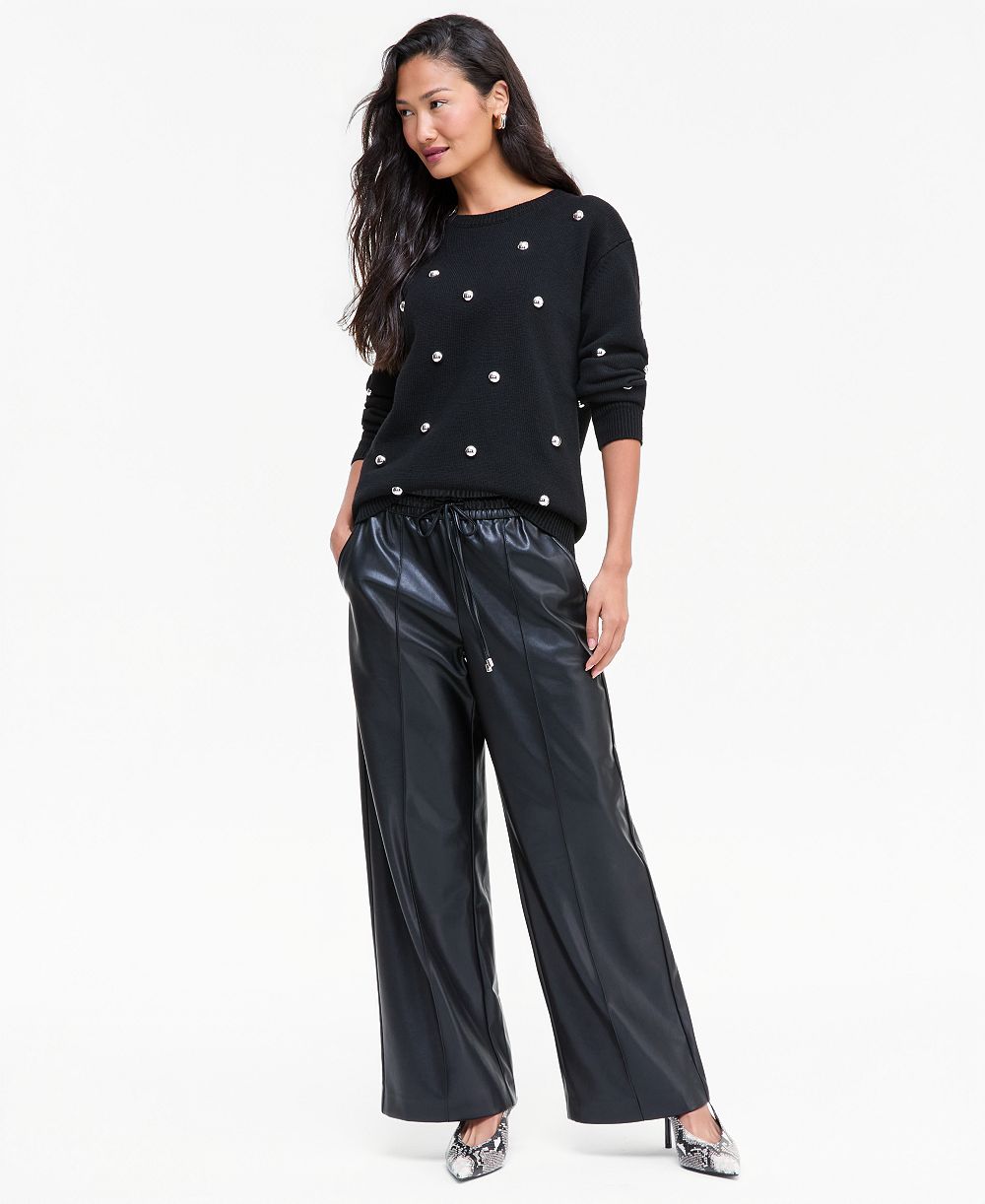 I.N.C. International Concepts Women's Drawstring Wide-Leg High-Waist Faux Leather Pants, Macy's Exclusive