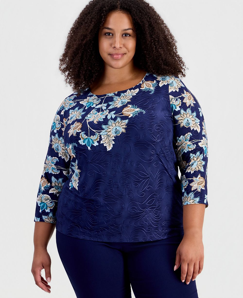 Женская футболка JM Collection Plus Size с принтом, круглым вырезом и рукавом 3/4, эксклюзив Macy's