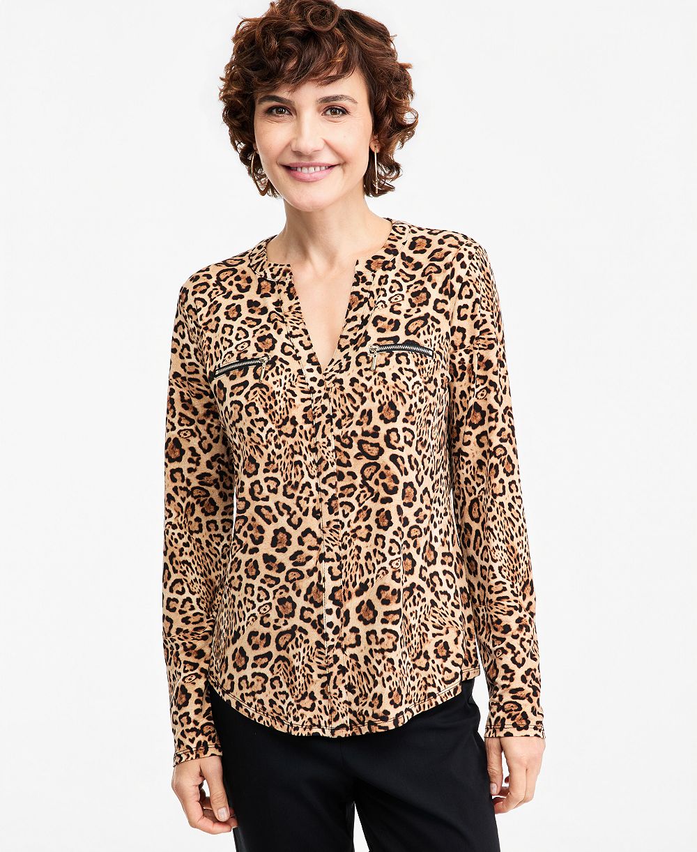 JM Collection Women's Long-Sleeve V-Neck Leopard-Print Blouse, Macy's Exclusive