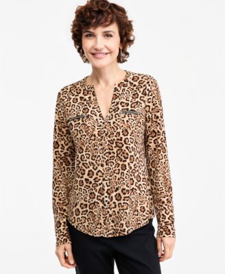JM Collection Women's Long-Sleeve V-Neck Leopard-Print Blouse, Macy's Exclusive