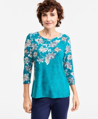 JM Collection Women's Carlot Floral-Print 3/4-Sleeve Jacquard T-Shirt, Macy's Exclusive