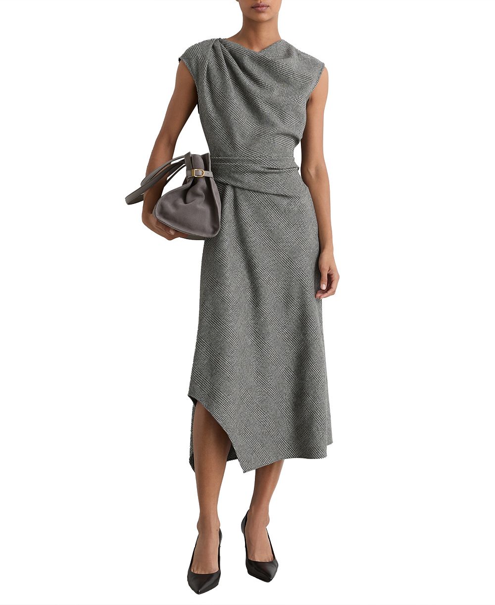 REISS Women's Clara Sleeveless Prince of Wales Check Asymmetric Draping Midi Dress
