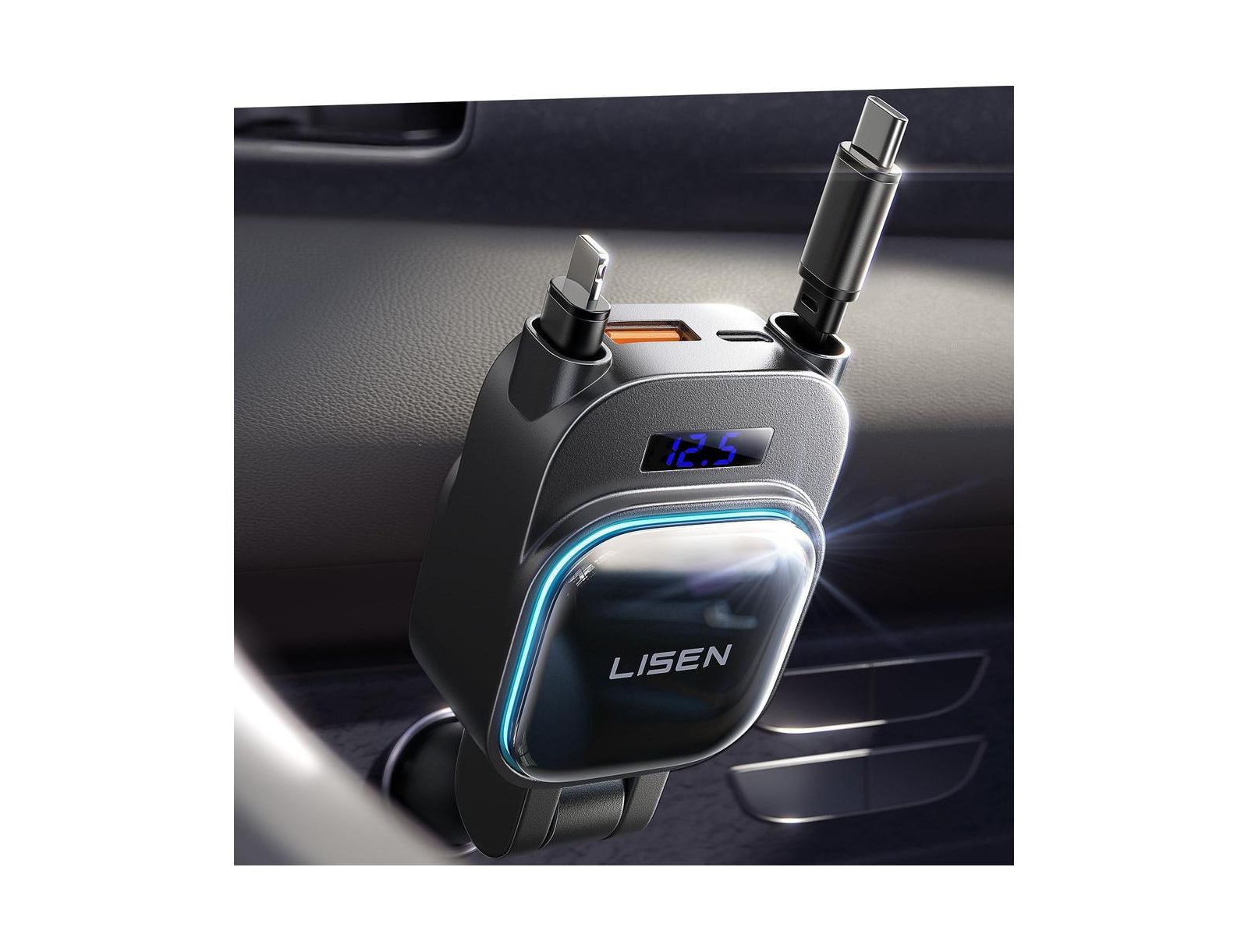 Автомобильное зарядное устройство LISEN 96W Retractable 4-in-1 с USB-C, USB-A и кабелями для iPhone, Samsung, iPad, Android