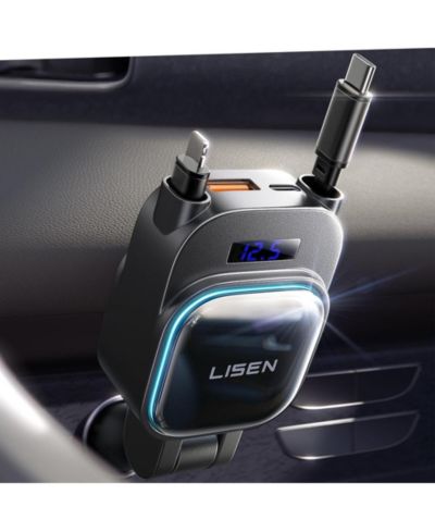 Автомобильное зарядное устройство LISEN 96W Retractable 4-in-1 с USB-C, USB-A и кабелями для iPhone, Samsung, iPad, Android
