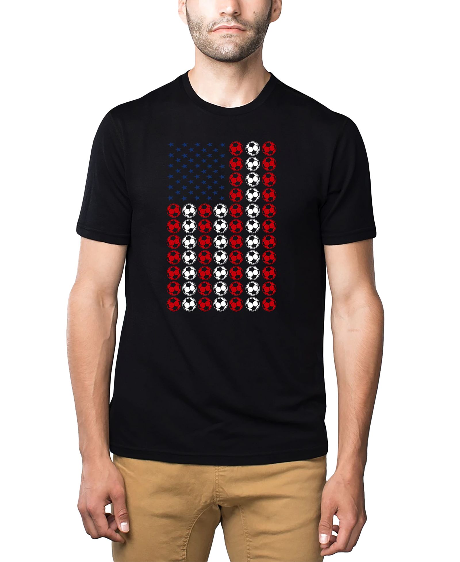 LA Pop Art Men's American Flag Soccer Balls Word Art Cotton and Polyester Blend T-Shirt
