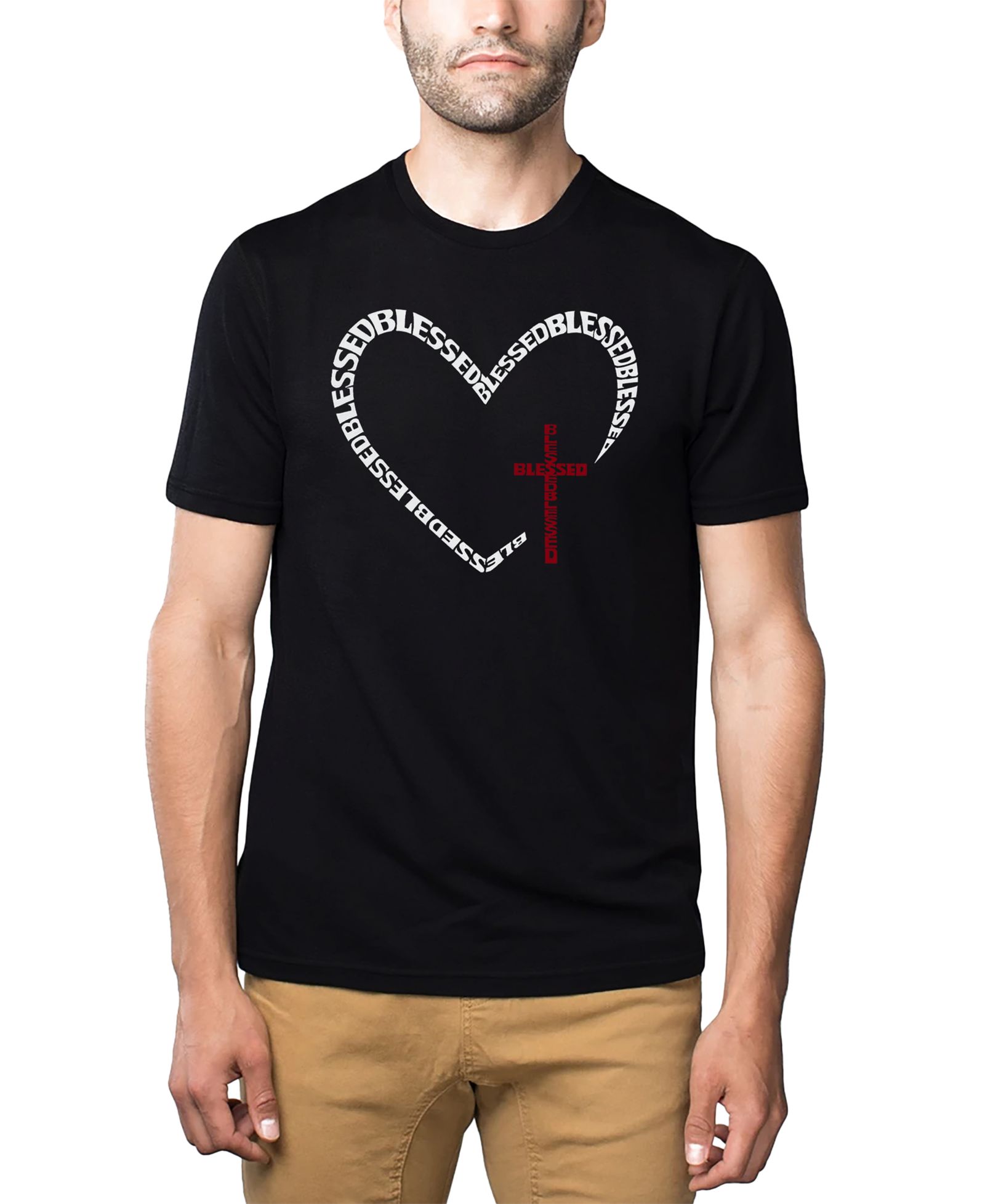 LA Pop Art Men's Blessed Heart Cross Word Art Cotton and Polyester Blend T-Shirt